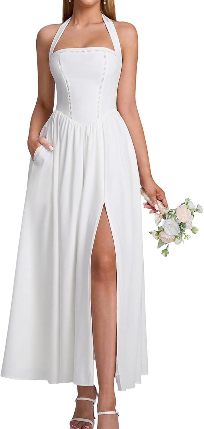 GLNEGE Womens Halter Midi Corset Dresses Spring Summer Wedding Guest Floral Dress Flowy Slit Tea Party Sundress with Pockets