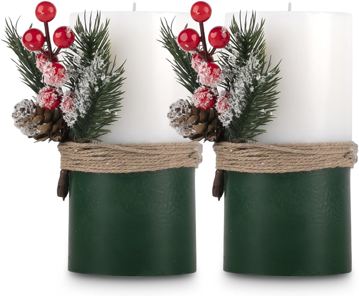 Christmas Red Green White Candles 3x6 Set of 2 Unscented Scented 60 Hour - 20 oz Each - Xmas New Year Decoration - Custom Order Available with Any Scent Color - Handmade in The USA