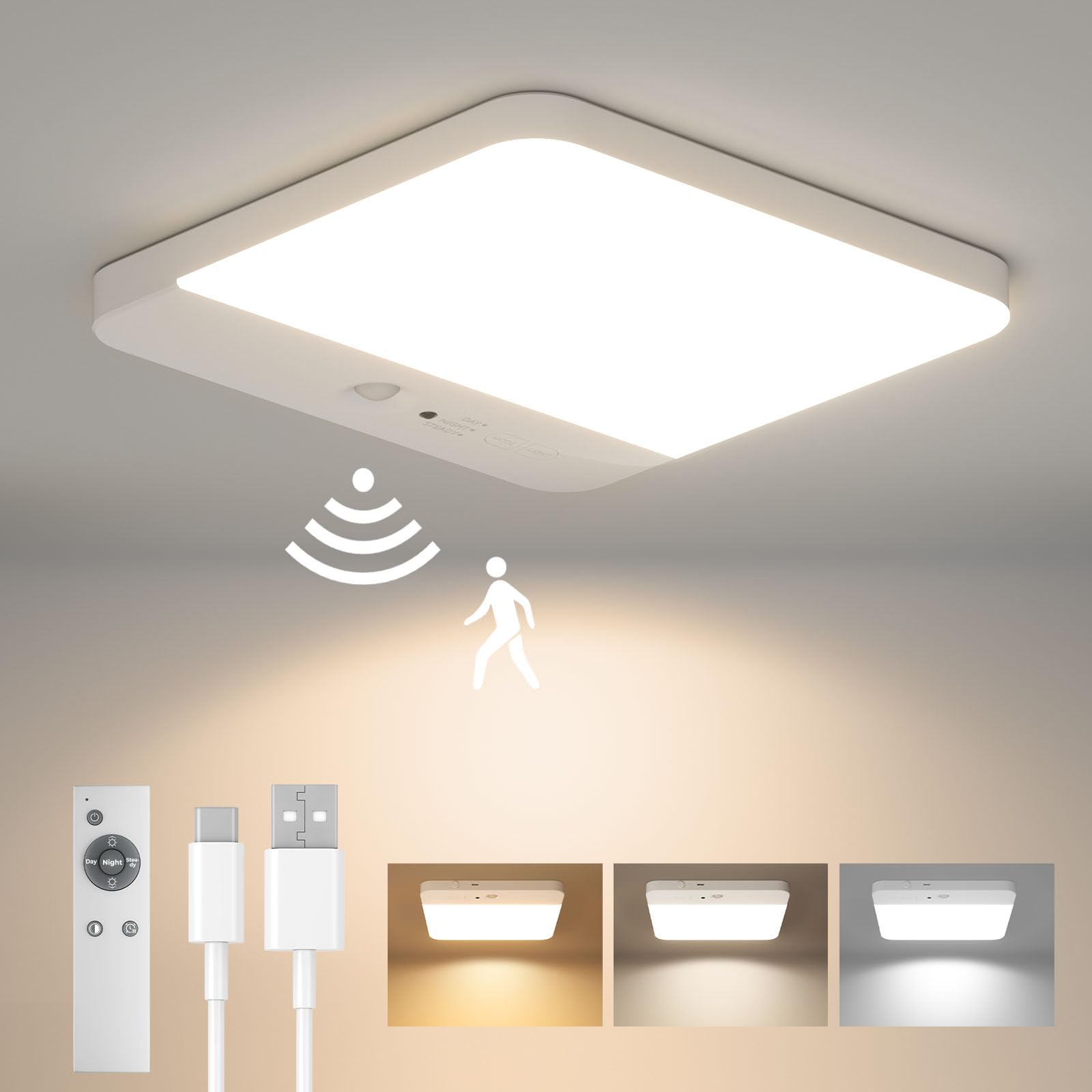 FULEN Ceiling Light Motion Sensored, Battery Operated Closet Light Indoor, Magnetic Mount LED Shower Light for Bathroom, Remote Control, 3 Color Temperatures