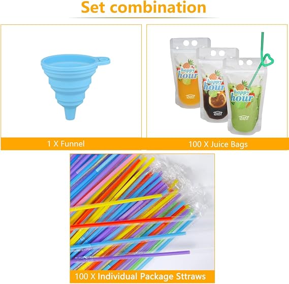 100 Pcs Zipper Plastic Pouches Drink Bags, Heavy Duty Hand-Held Translucent Frosted Reclosable Stand-up Bag 2.4 Bottom Gusset with 100 pcs Straws & Funnel Included