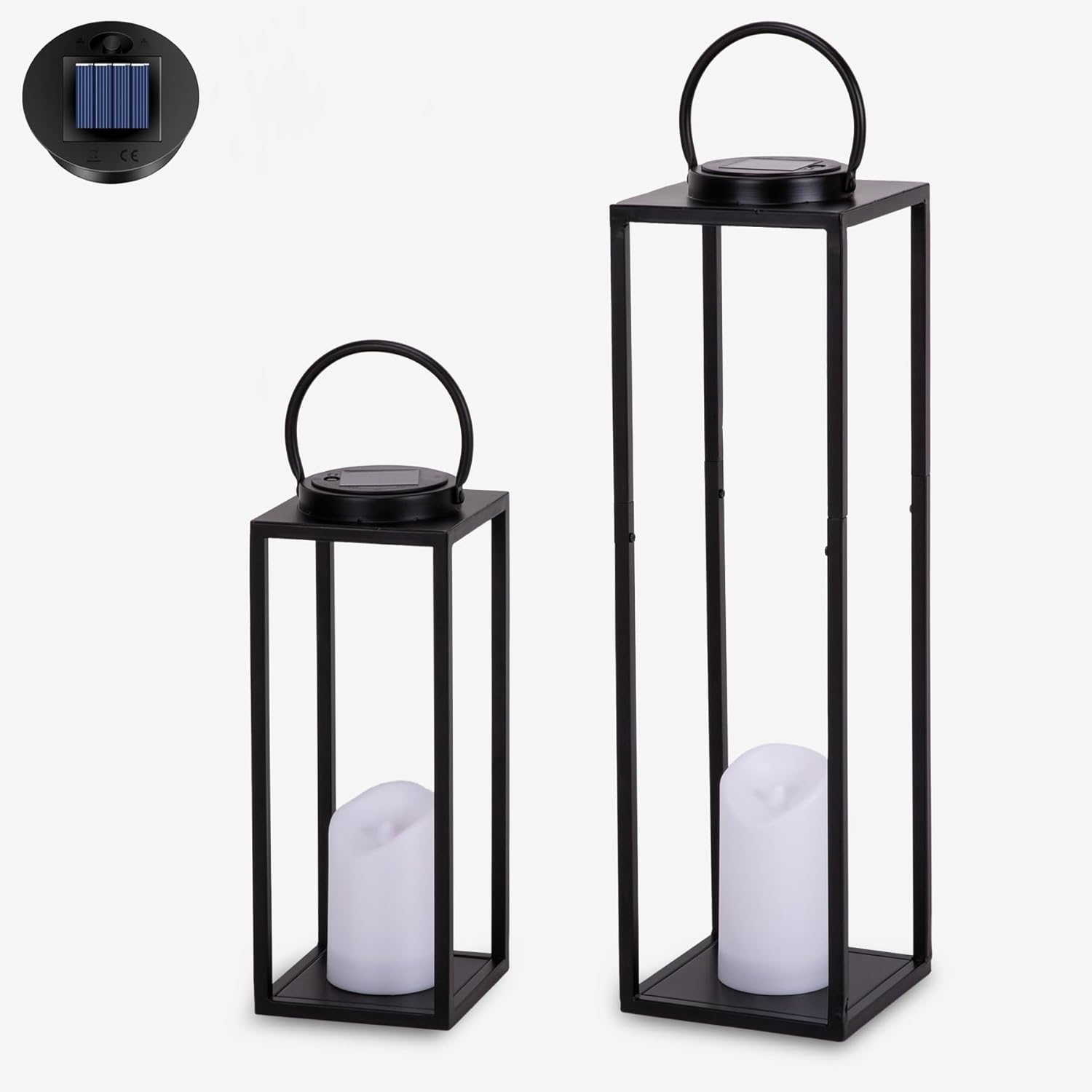 Solar Lanterns Outdoor Waterproof with Candles, 25 in Large Solar Lantern Farmhouse Black Metal, Lanterns Decorative Outdoor for Front Porch, Patio, Christmas, Fall Decor- 2 Pack