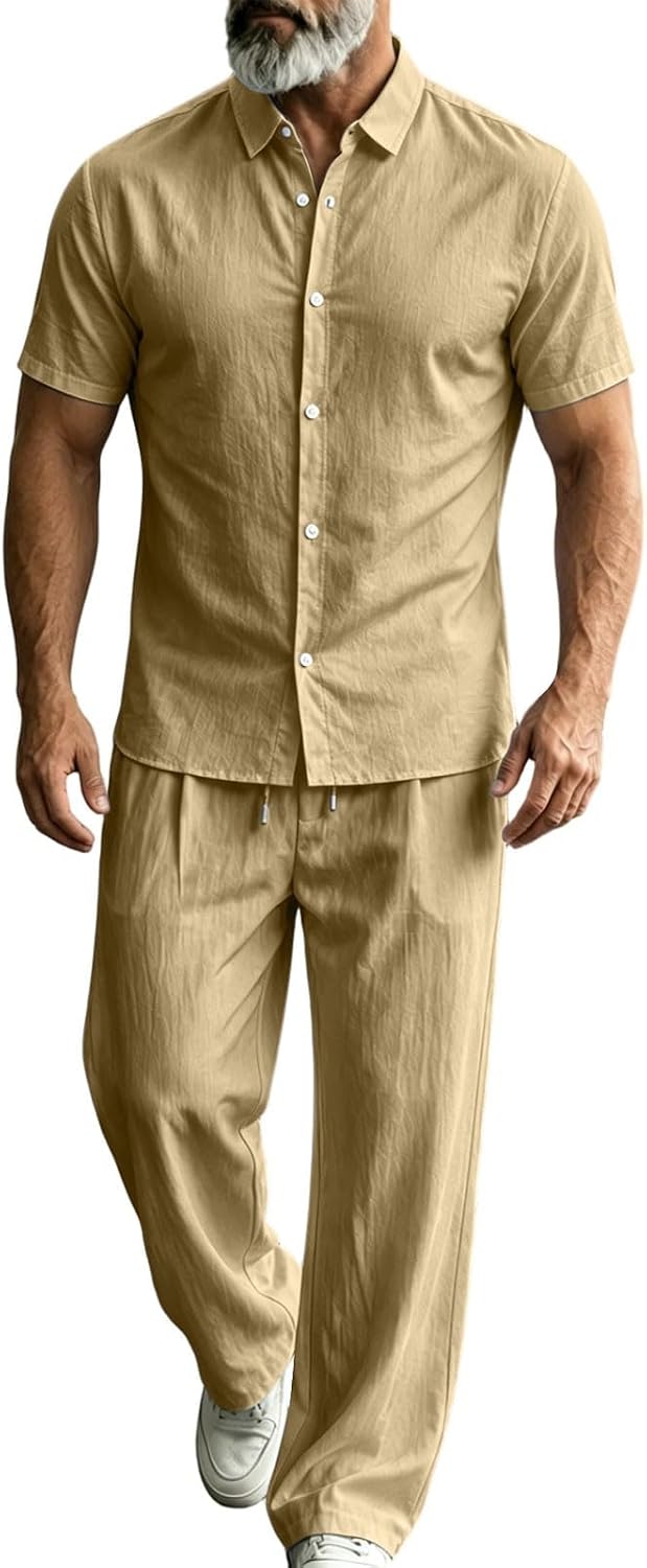Men's 2 Piece Vacation Set Button Shirts and Pants Outfits | Two Piece Sets for Men Casual Short Sleeve Tops with Wide Leg Trousers Beach Outfit 2026 Resort Wear