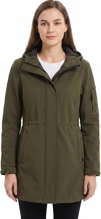 CHIGUO Womens Softshell Waterproof Jacket Warm Fleece Lined Coats with Hood Long Rain Jackets