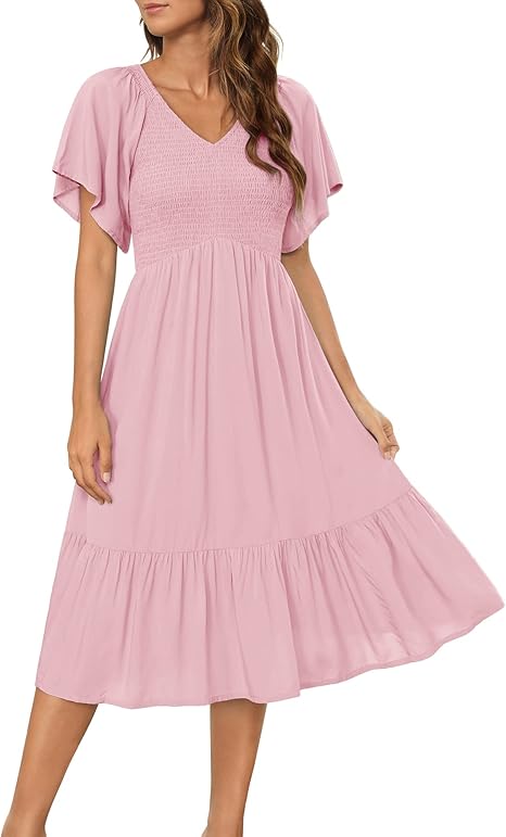 Zattcas Womens 2023 Summer Dress Short Flutter Sleeve V Neck Smocked Ruffle Casual Tiered Modest Midi Dress