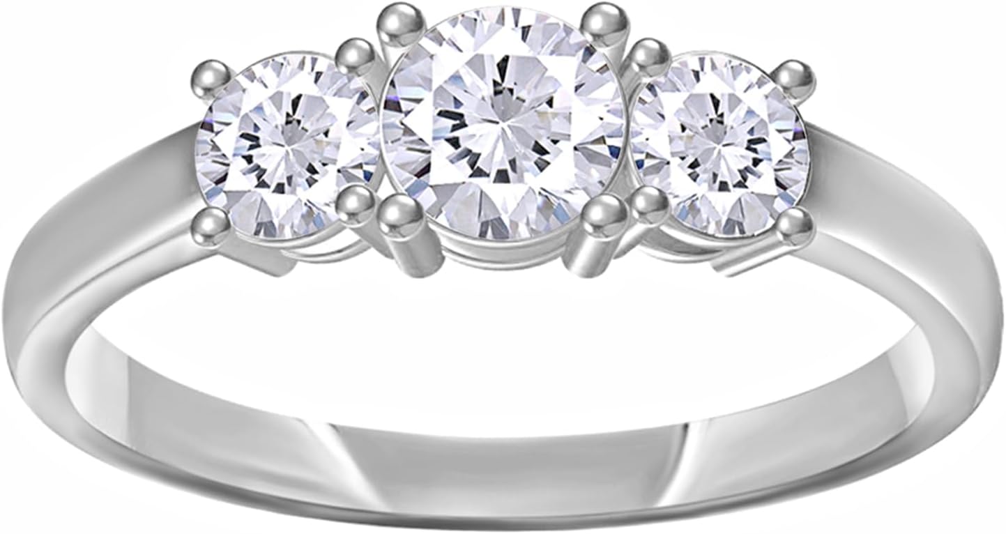 SAVEARTH DIAMONDS Three Stone Engagement Ring For Women, Round Moissanite Diamond Ladies Promise Ring In 14k Gold Over Sterling Silver (1 Ctw to 4 Ctw)