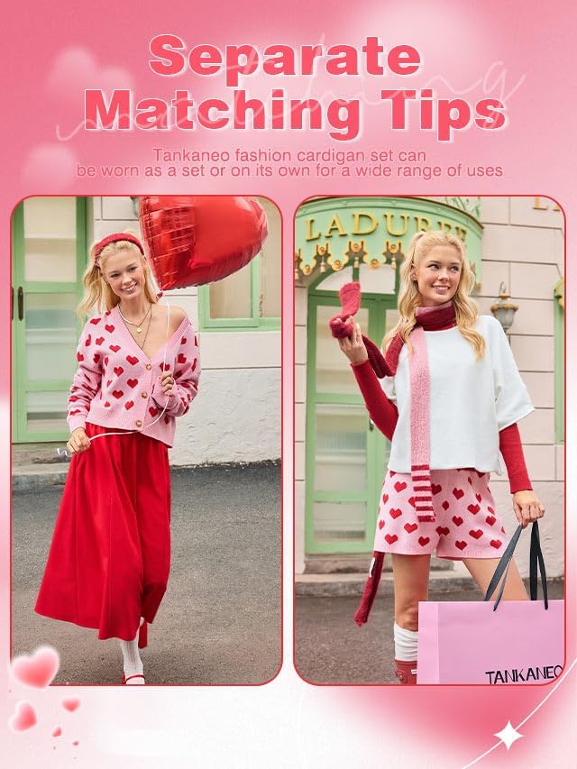 Tankaneo Womens Valentine's Day Sweater Sets Heart Knit Long Sleeve Cropped Cardigan and Shorts 2 Piece Outfits - Image 6
