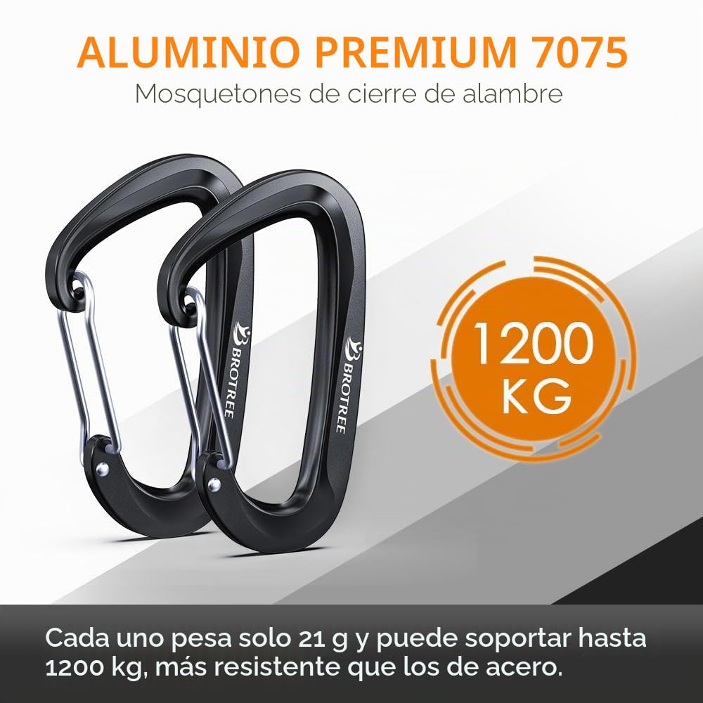 Brotree Mosquetón Resistente 12KN (1200 kg) Mosquetones Aluminio para Hamaca, Camping, Senderismo, al Aire Libre - Seguridad 8cm Forma de D Mosquetón Alambre