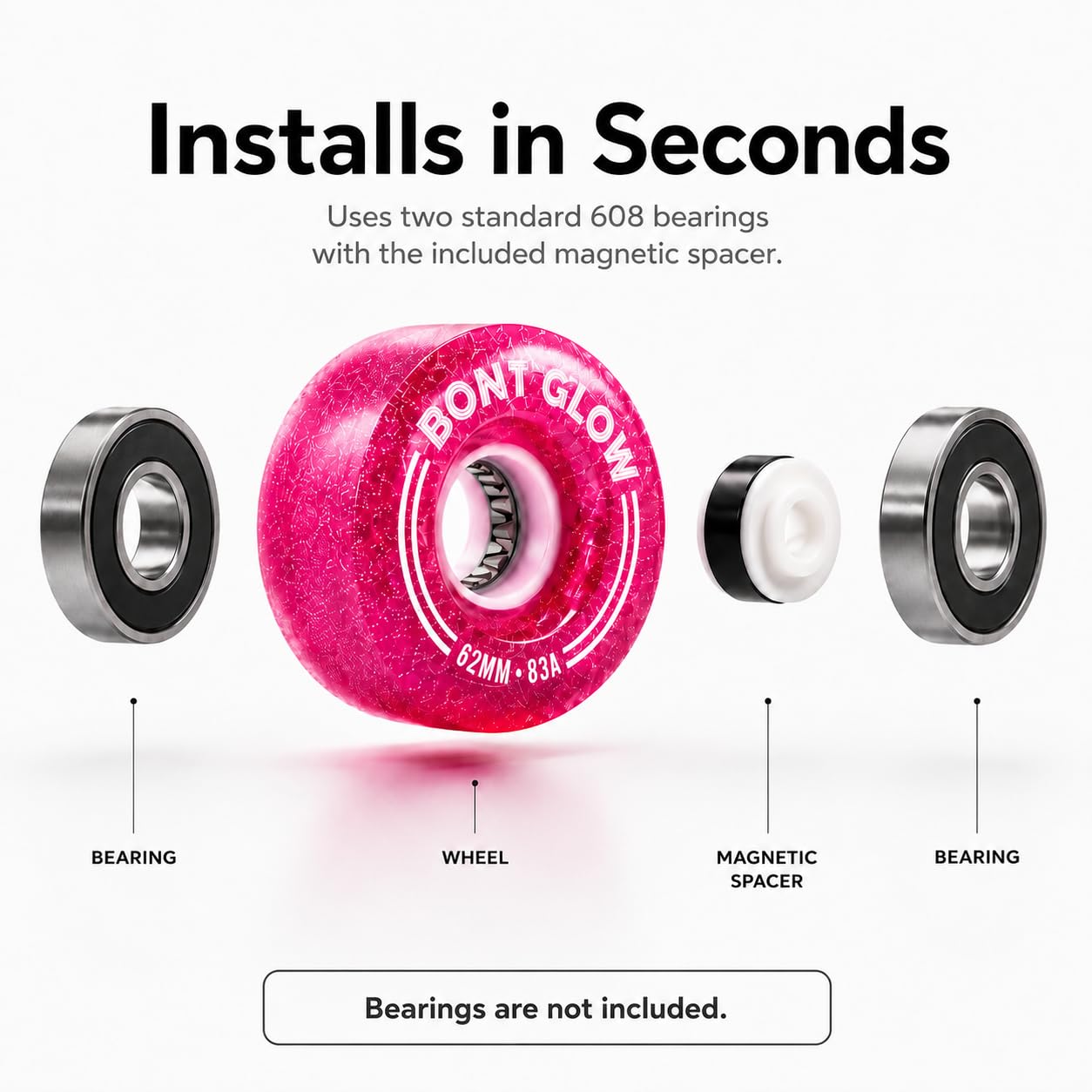 Bont Glow - Ruote per pattini a rotelle, senza batteria, 58 x 32 mm, 101 A, confezione da 4, per esterni e quad (lettera d'amore rosa)