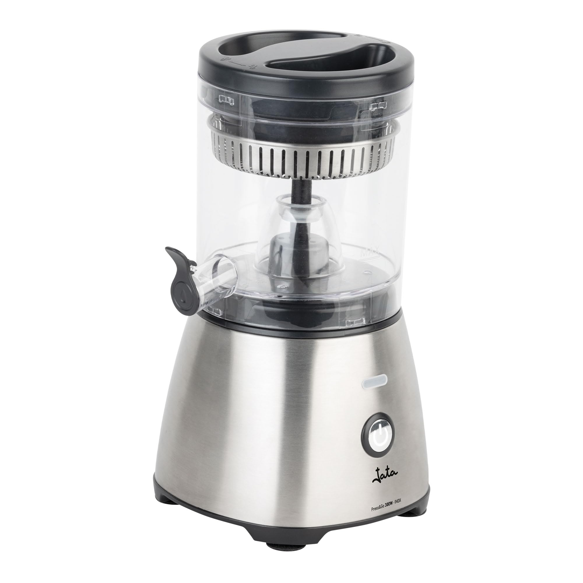 JATA JEEX1616 - Spremiagrumi elettrico automatico 300 W | Corpo e filtro in acciaio inossidabile | Sistema antigoccia | Adatto a tutti i tipi di frutta | Pezzi staccabili. Base antiscivolo