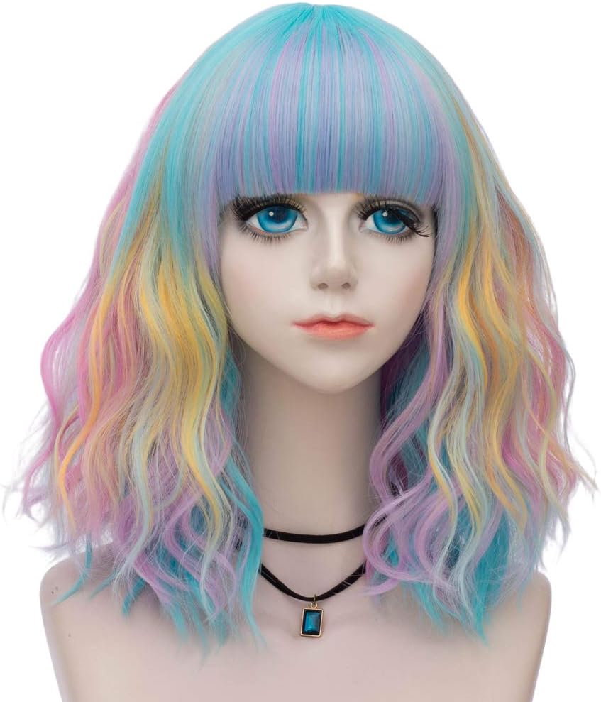 Amback Probeauty Short Rainbow Wig with Bangs Lolita Sweety Curly for Women Anime Cosplay Wig + Wig Cap 16 Inch