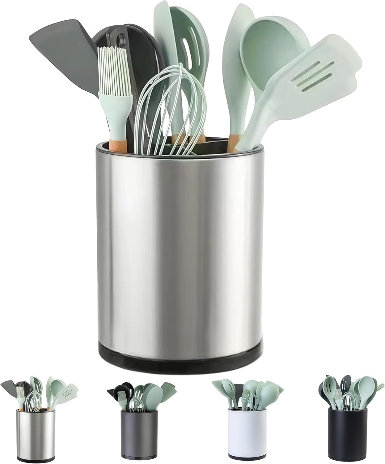 360° Rotating Stainless Steel Utensil Holder for Kitchen Counter Stainless Steel Spoon, Spatula & Cutlery Organizer 3-Compartment Cooking Tool Caddy Kitchen Countertop Storage Rack with Drainage