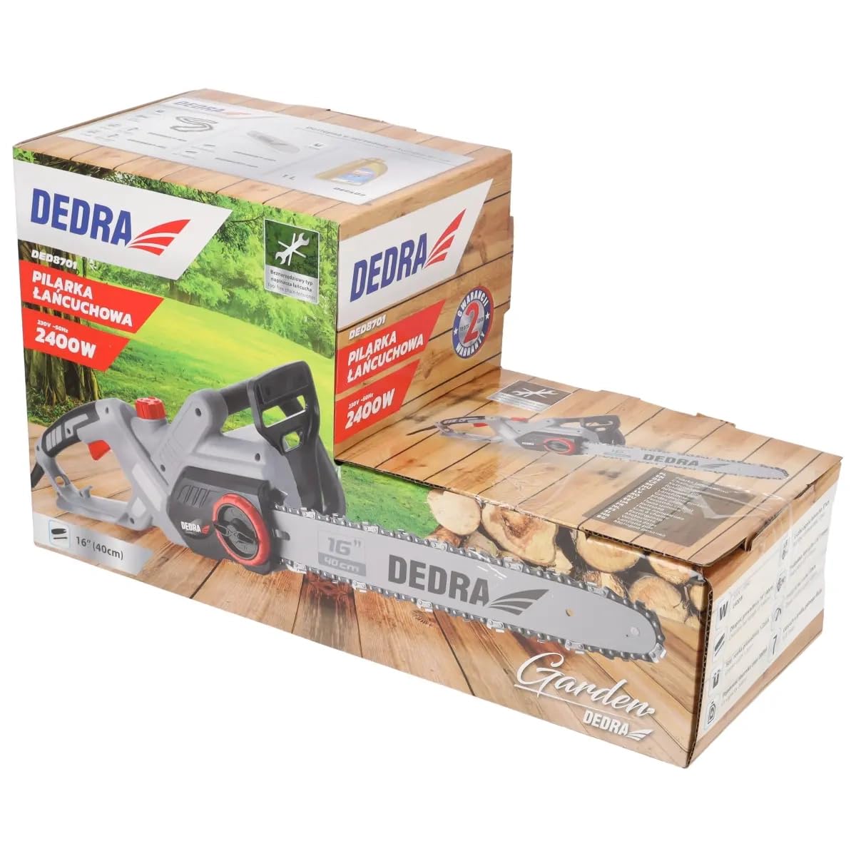 Dedra DED8701 – pilarka łańcuchowa elektryczna 2400 W, prowadnica 40 cm, łańcuch Oregon, automatyczne smarowanie, beznarzędziowe napinanie, hamulec bezpieczeństwa