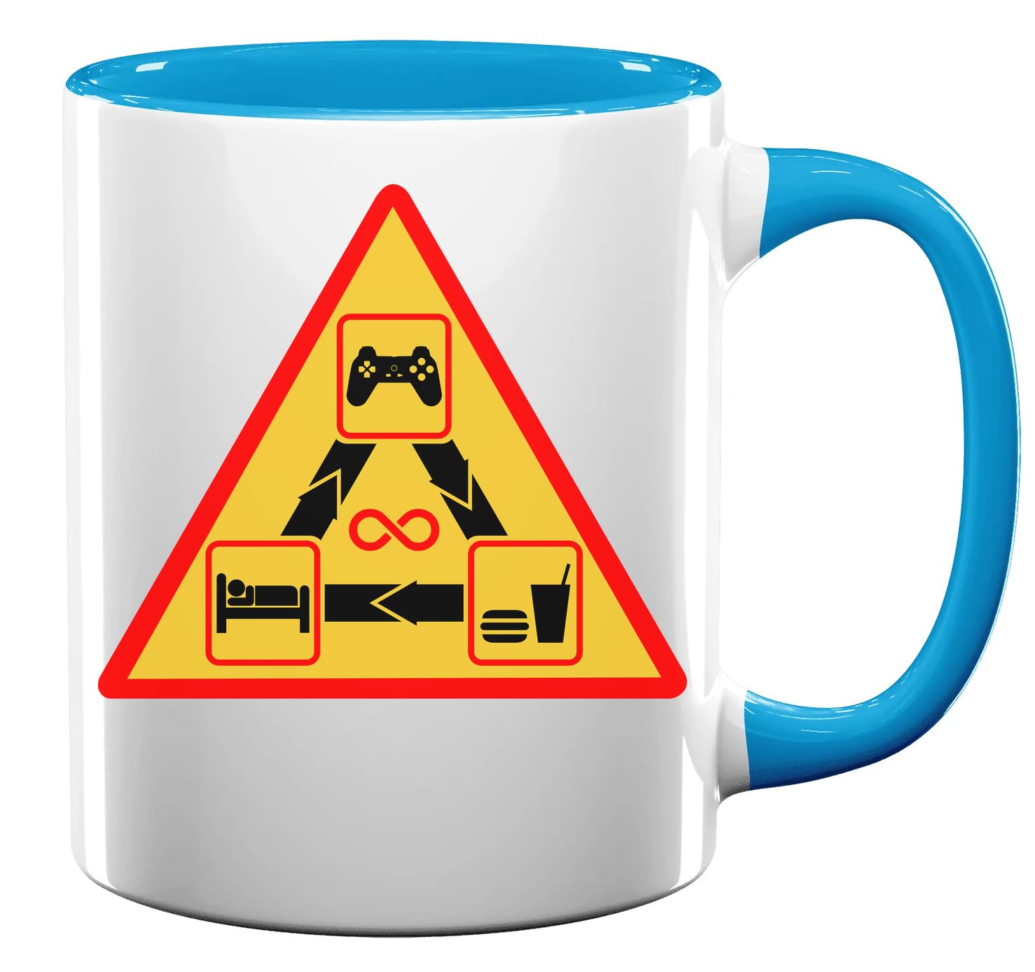 'Eat Sleep Game Repeat Warning Road Sign Logo Ceramiczny Herbata Kawa Kubek Jasnoniebieski