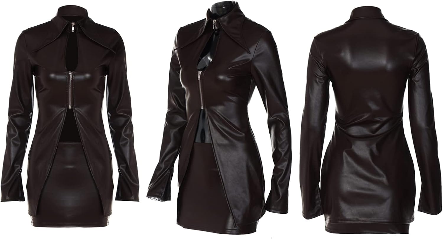 xxxiticat Women's Faux Leather Skirt Co-Ords Zipper Down Hollow Out Cardigan Jacket Low Rise PU Skirt 2pcs Matching Sets