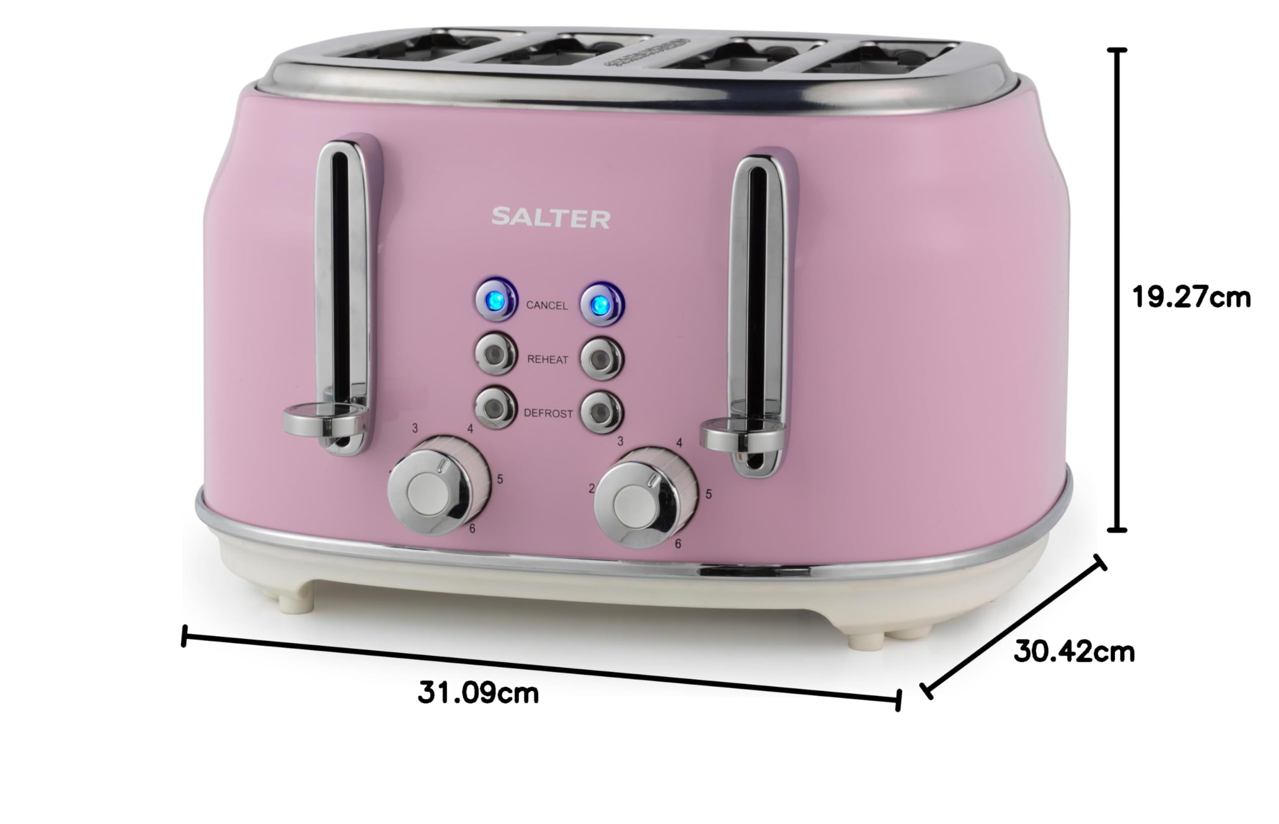 Salter Retro Toster 4-Kromkowy – Szerokie Szczeliny, 6 Poziomów Przyrumienienia, Funkcje Rozmrazania, Podgrzewania i Anulowania, Wyjmowana Tacka na Okruchy, Wysoki Wyrzutnik, 1630W, Rózowy, EK5739PNK