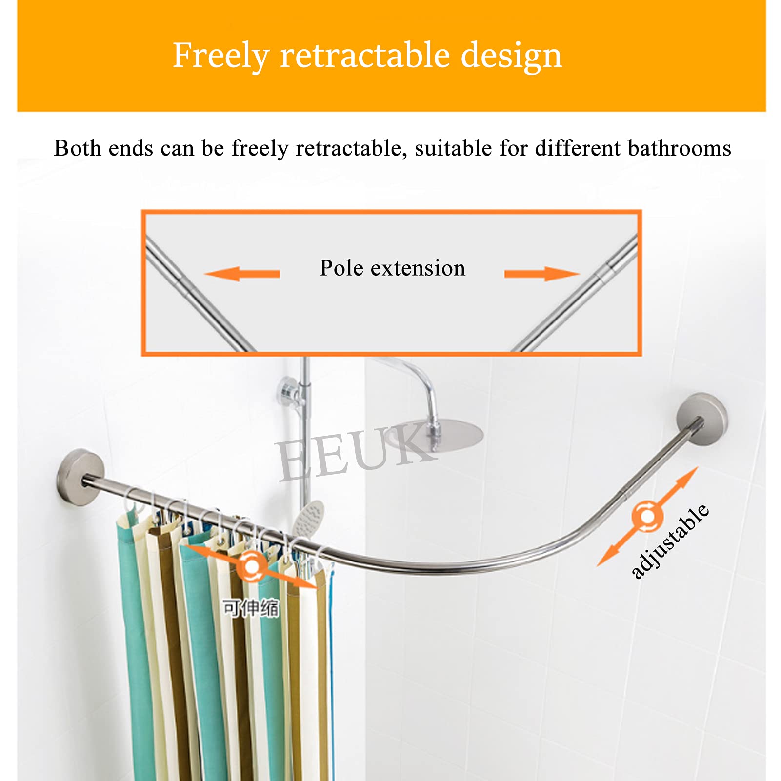 Barre de Douche en Nickel brossé antirouille, Barre de Douche courbée et réglable en Forme de L, sans perçage, Extensible, à Tension, fixée au Mur pour Salle de Bain