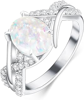 White Opal Rings for Women Oval 925 Sterling Silver Engagement Ring for Wedding Promise Oval October Birthstones Jewelry for Wife Size 5 to 13