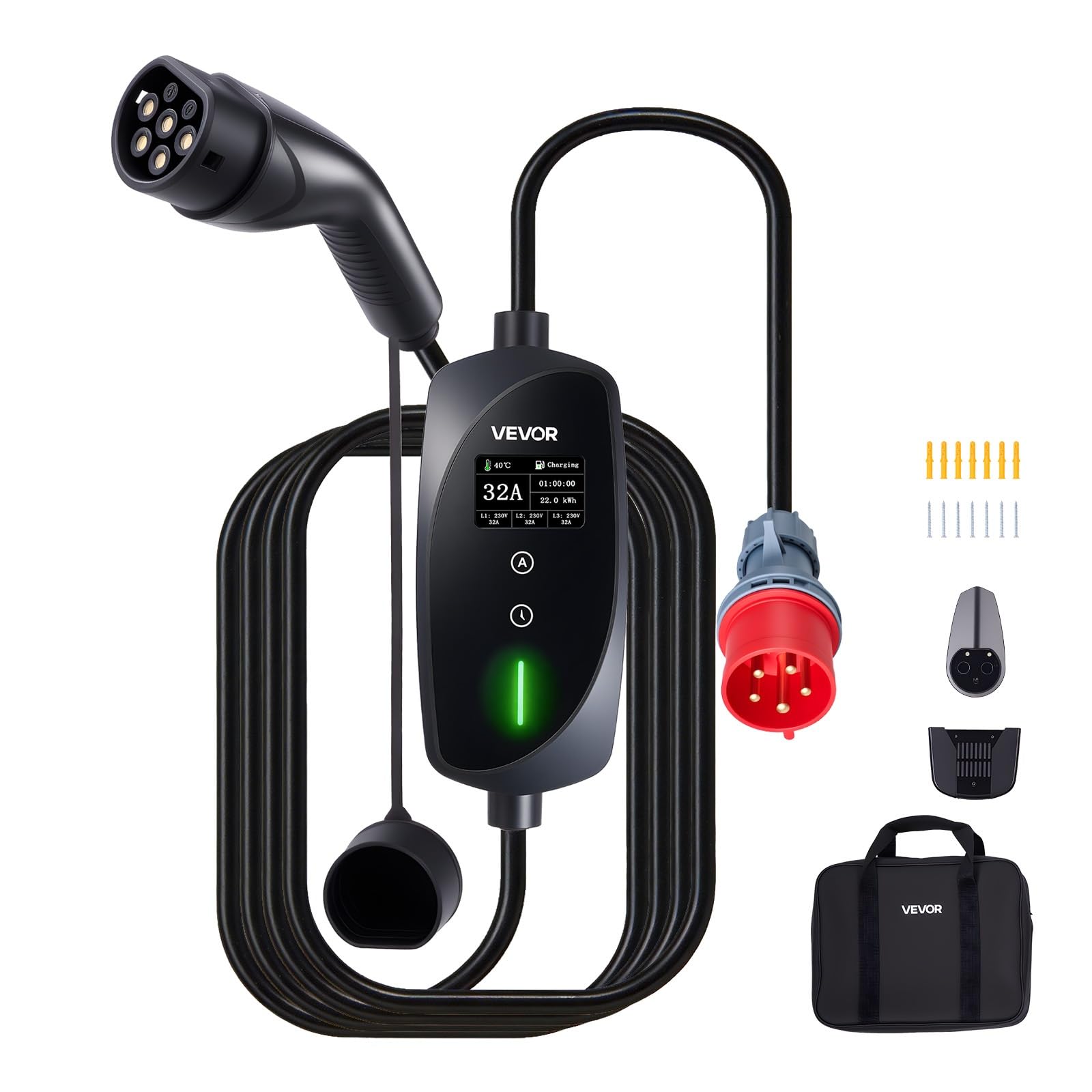 VEVOR Cargador para Vehículo Eléctrico Tipo 2 Trifásico 22 kW 32 A, Cargador de Pared EV con Cable de 7 m, Punto de Carga con Enchufe CEE32, Pantalla LCD, Estación de Carga y Caja de Control IP66