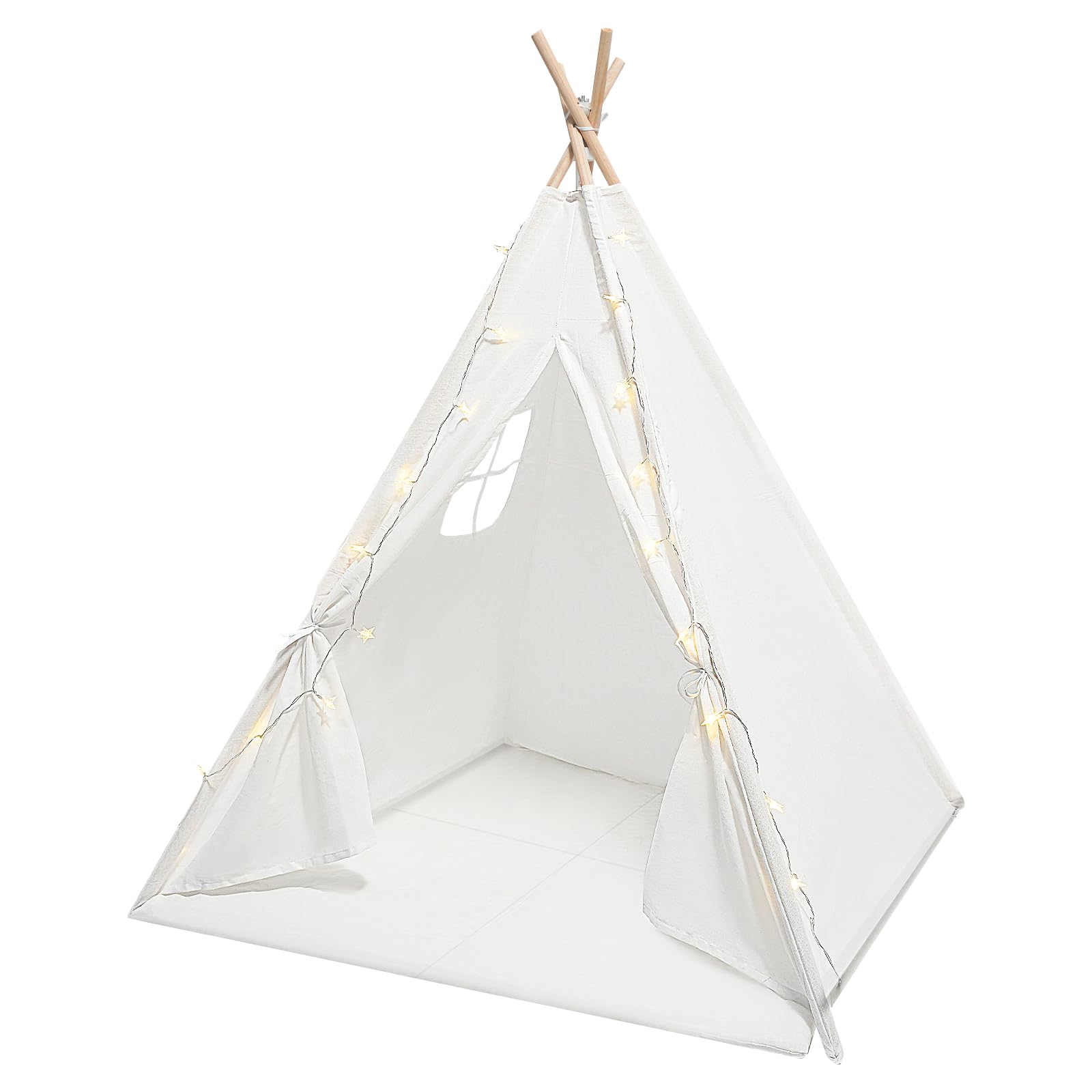 Namiot Tipi dla dzieci 120 x 120 x 140 cm – namiot dziecięcy z bawełny z matą, łańcuchem świetlnym i świecącą gwiazdą, składany namiot do zabawy wewnątrz i na zewnątrz (biały)