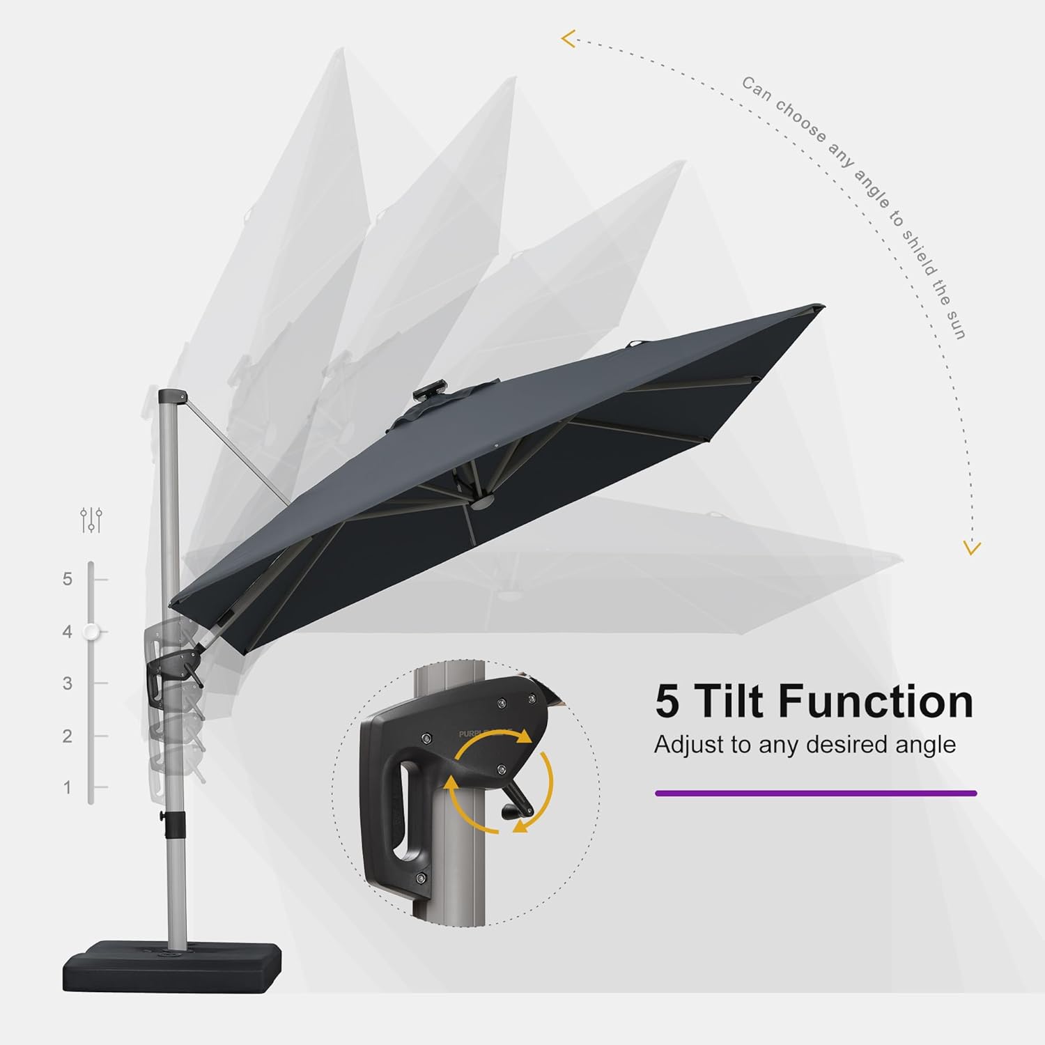 PURPLE LEAF 10 Feet Patio Umbrella with Lights Outdoor Square Cantilever Umbrella Solar Powered LED with 360-degree Rotation for Garden Deck Pool Patio, Grey