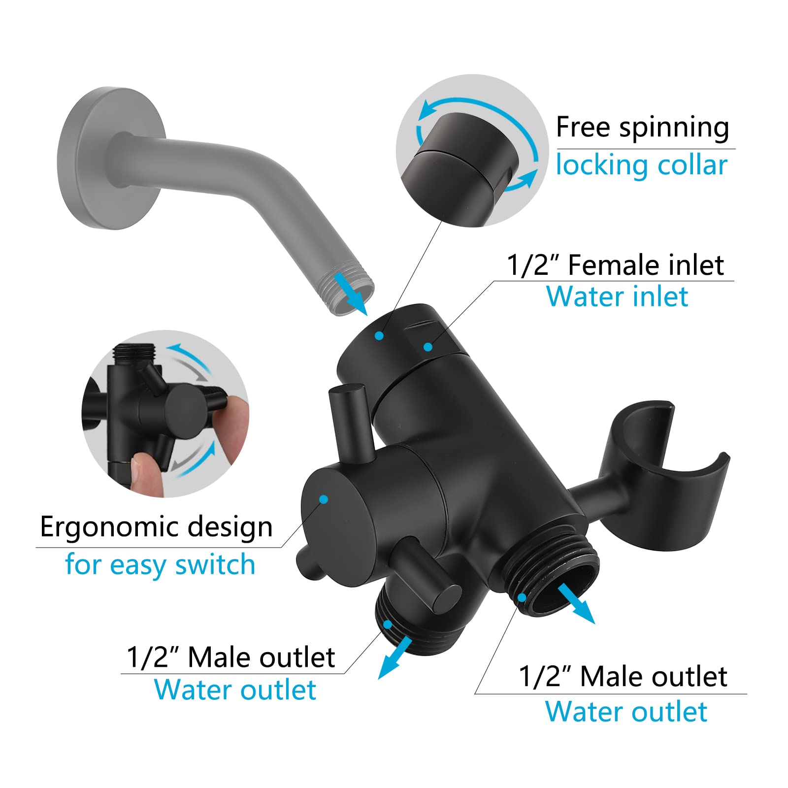 PDPBath Solid Brass 3-Way Shower Diverter Valve – G1/2, Matte Black, With Handheld Holder