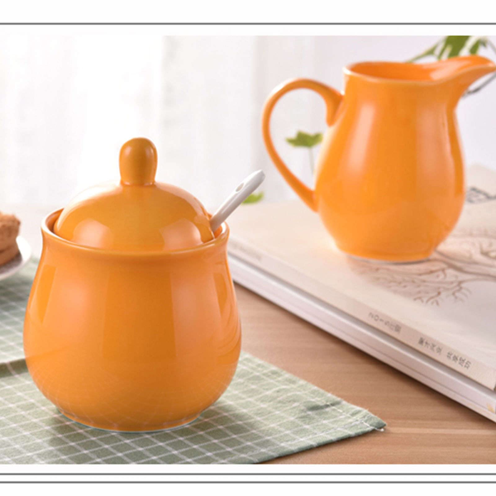 Pojemnik na cukier do kawy podwieczorek śniadaniowy, ceramiczna cukiernica, z pokrywką i dzbankiem mleko, mlecznik zestawy cukru, dzbanek, dekoracja f(Yellow,Milk Jug)