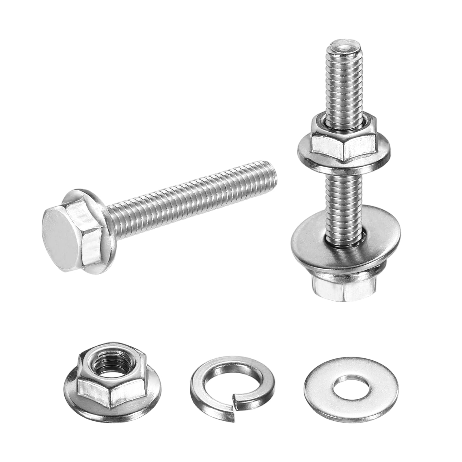sourcing map M4 x 25mm Phillips Flanged Hex Head Bolts, 40Pcs 304 Stainless Steel Flange Hexagon Screws with Nuts, Flat & Lock Washers, Fully Threaded, for Machinery Industry Home, Silver