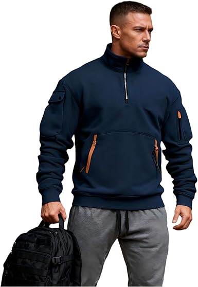Tactical Hoodies for Men Quarter Zip Pullover Long Sleeve Vintage Workout Hiking Sweatshirt with Multiple Pocket