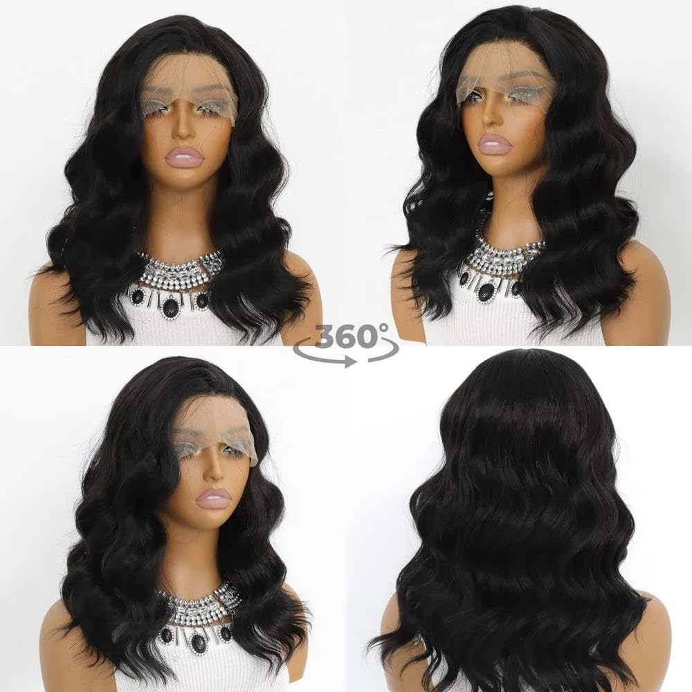 Accessori Parrucche Parrucche Anteriori In Pizzo Nero Corto Con Onda Del Corpo Parrucca Per Capelli In Fibra Resistente Al Calore Senza Colla Con Capelli Per Bambini Da 16 Pollici
