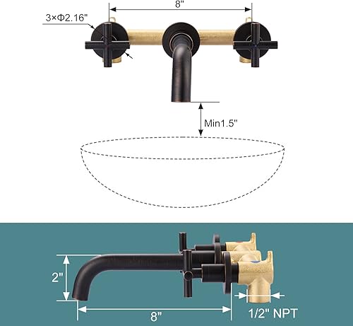 Miniatura 6 de Grifo de baño de bronce aceitado  Grifo de baño ARCORA de montaje en pared, grifo de tocador de 2 manijas en bruto en válvula incluida