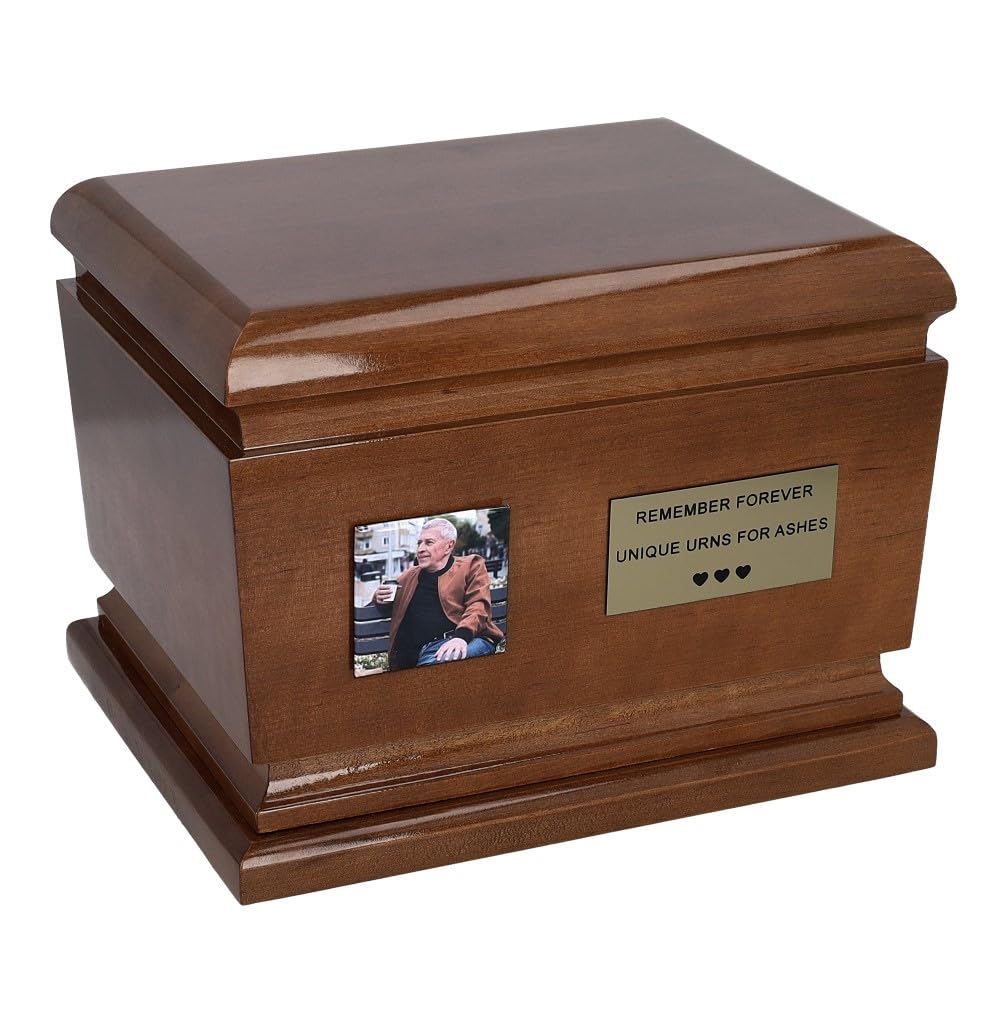 Personalized Solid Wood Cremation Urn with Photo and Custom Plaque, Decorative Memorial Box Urn for Adult Ashes Funeral Casket (Plaque YES)