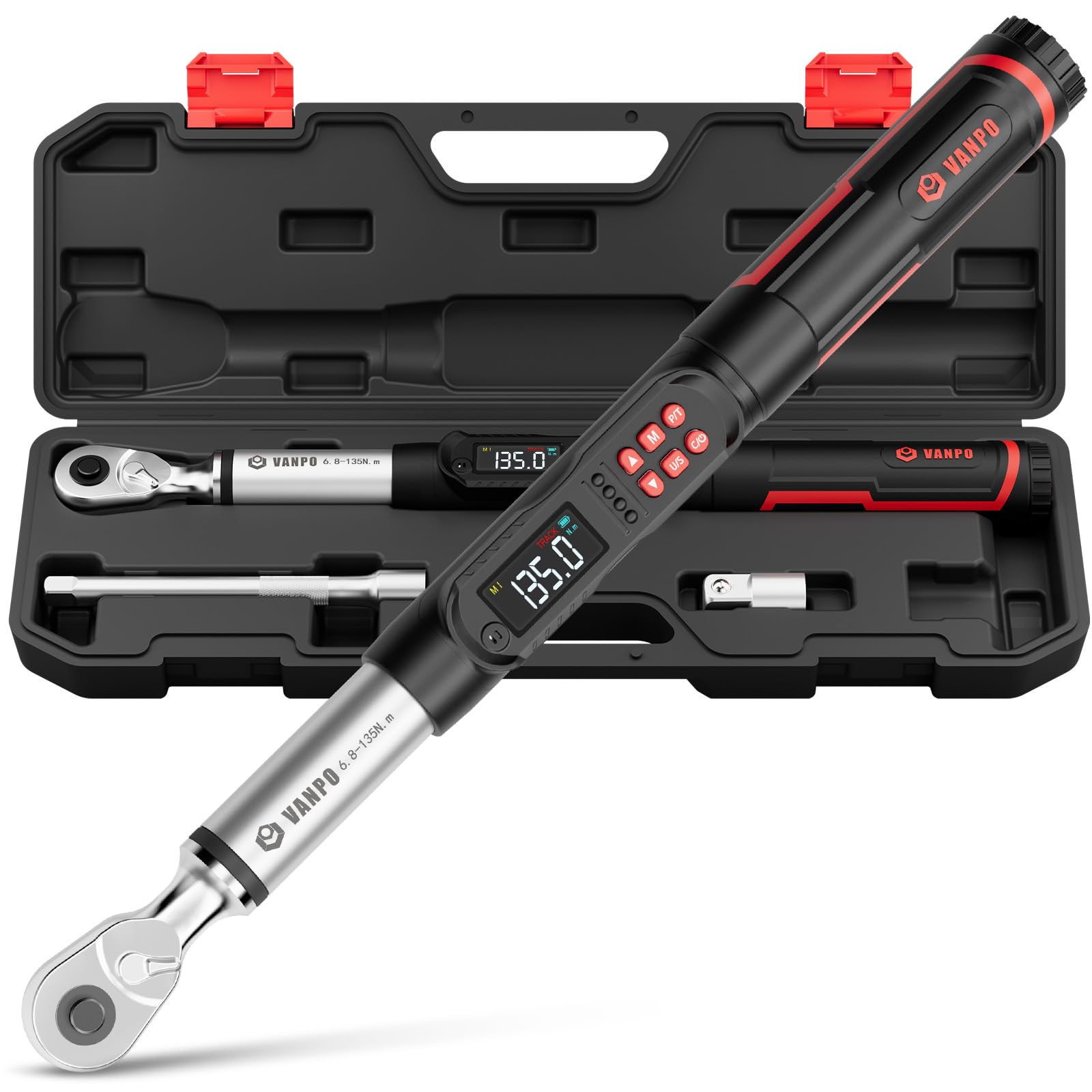 VANPO Digital Torque Wrench 3/8 Inch, 6.8-135 NM Electronic Torque Wrench with LCD Display, 4 Units, Sound and Vibration Notice, Reversible Ratchet ±2% for Car Motorcycle & Bicycle