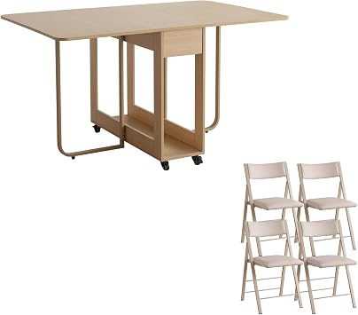 Folding Dining Chairs and Table Set, Space-Saving Dining Table and 4 Padded Steel Frame Folding Chairs, Drop Leaf Dining Table with Extra Large Storage Space and 2 Drawers Wood