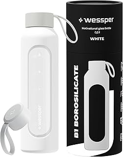 Wessper Trinkflasche Glas 500 Milliliter, Motivations Wasser Glasflasche mit Hydrationsskala, Borosilikatglas Flasche mit Silikonhülle, BPA Freie Trinkflaschen - Weiß