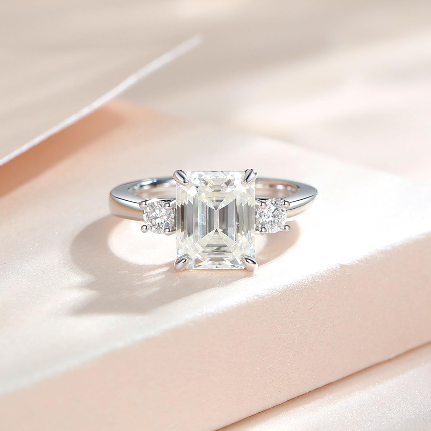 4CT Moissanite Engagement Ring For Women D Color VVS1 Emerald Cut S925 Sterling Silver Plated 18k White Gold Wedding Promise Anniversary Ring
