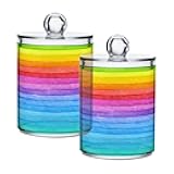 Kigai 2 Pack Rainbow Stripe Qtip Holders - Dispenser Bathroom Vanity Organizers - Clear Plastic Apothecary Jars with Lids for Cotton Swab, Cotton Round Pads, Floss