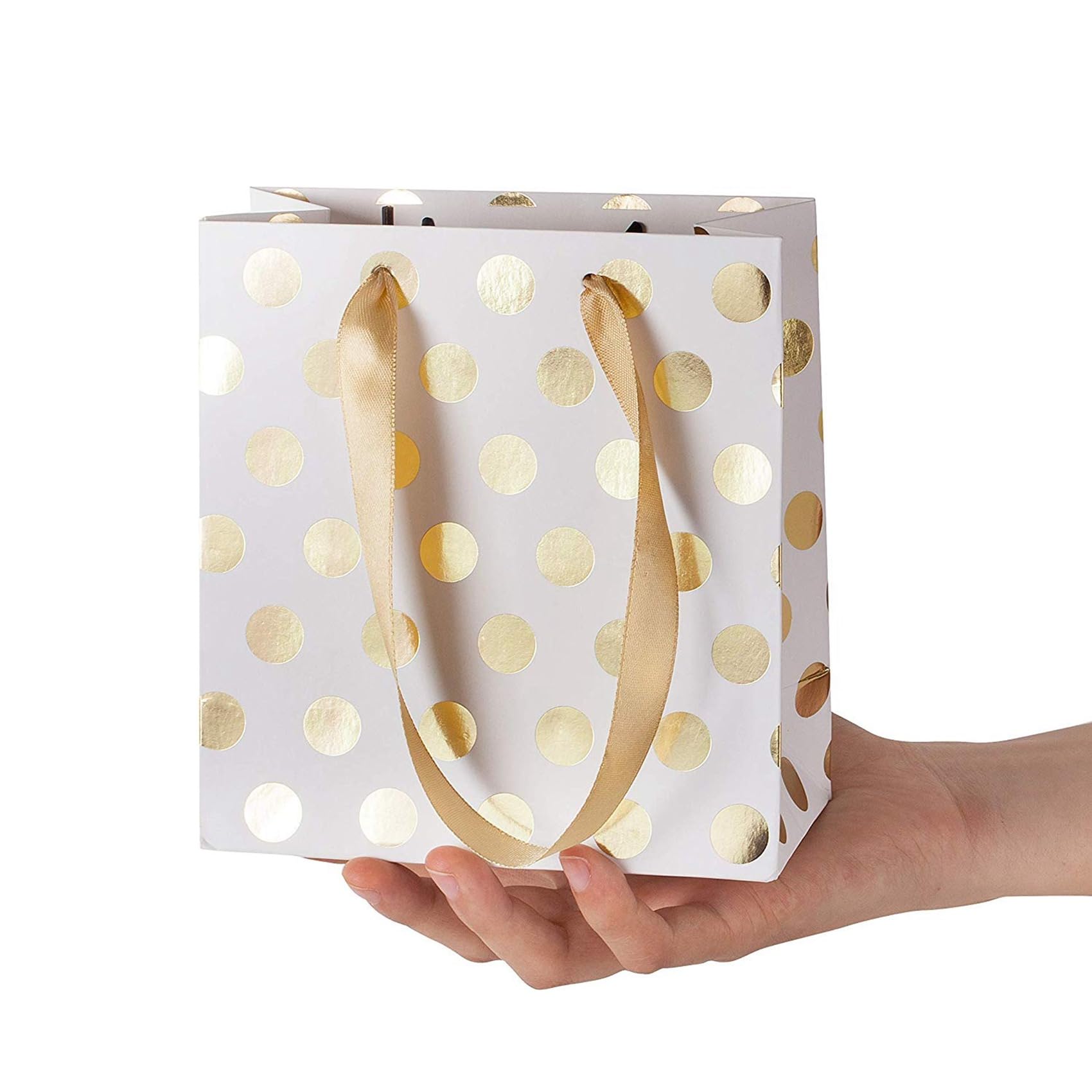 Xptieeck Małe torebki na prezent z uchwytami, złota, mini torebka na prezent na urodziny, wesele, święta Bożego Narodzenia, ukończenie szkoły baby shower (metalowe kropki, 40 opakowań w losowe)