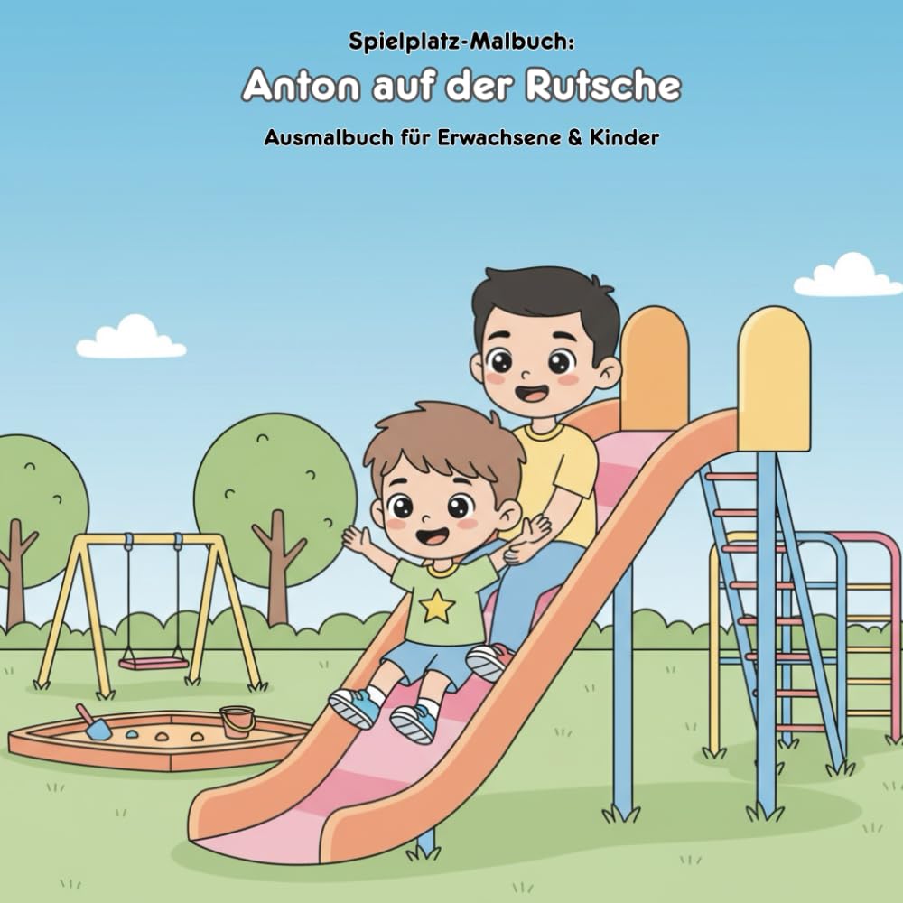 Anton auf der Rutsche: Geschichte & Malbuch: Für Erwachsene & Kinder | 36 Ausmalbilder | 21.59 x 21.59 cm | Eine Mutmach-Geschichte zum Vorlesen & Kreativwerden