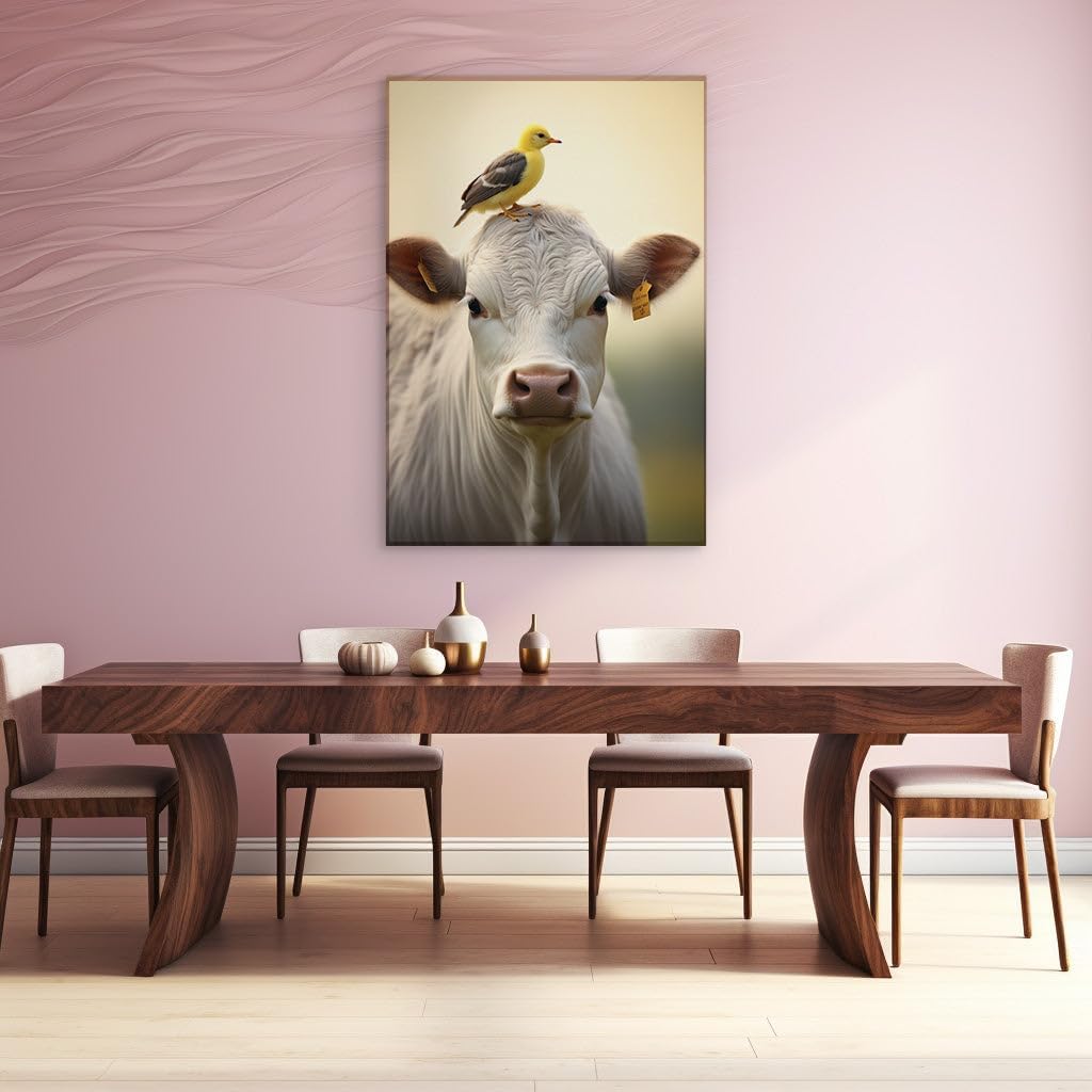 Canvas for Living room. Harmony in Hues: A Peaceful Encounter Between a Curious Cow and a Perched Bird, 27 x 18 inch Canvas Wall Art - Modernist Expressions - Nature Home Decor - 91x61 cm (36x24 inch)