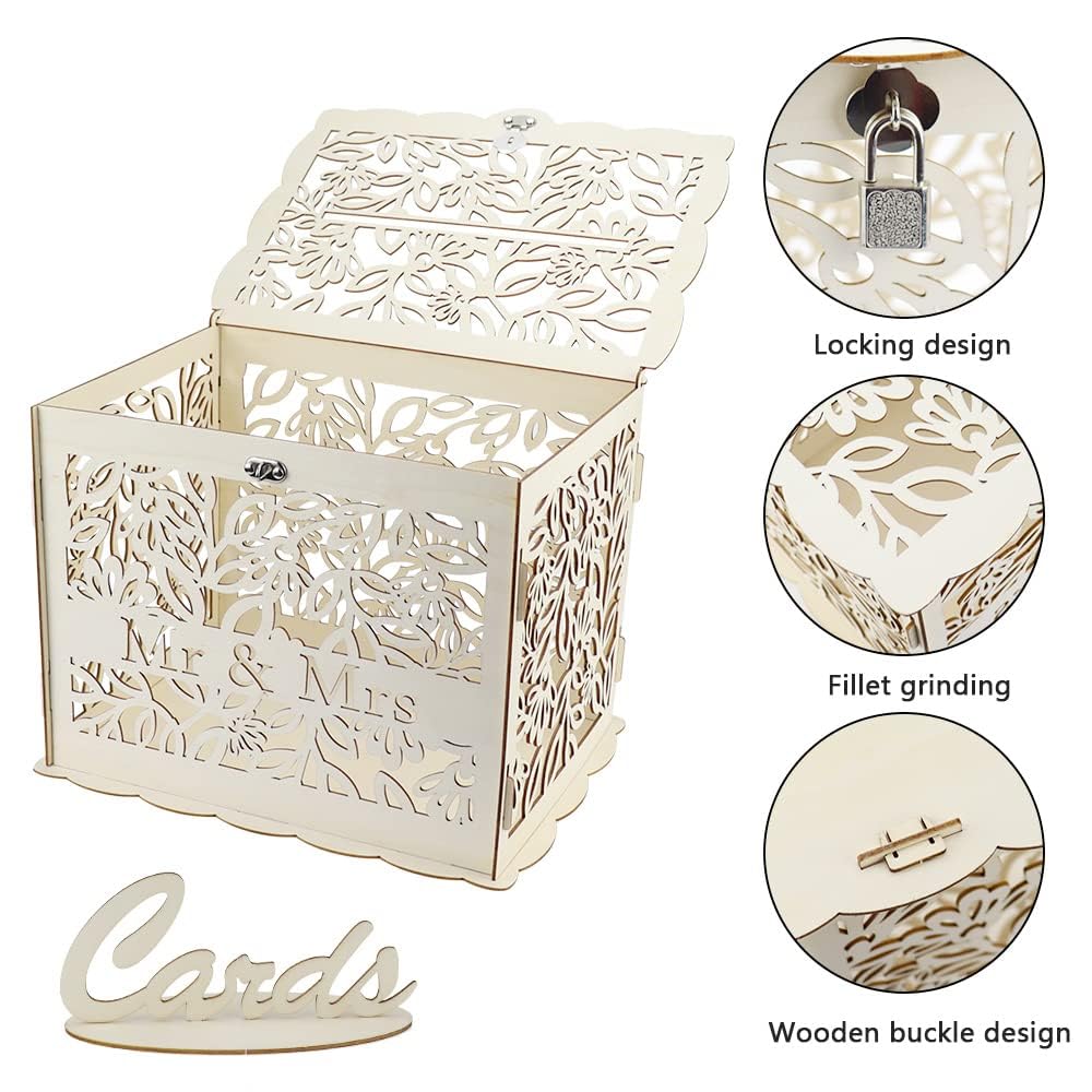 Scatola di Carte di Nozze in Legno Grande 30x23x23cm, Contenitore per Biglietti, Porta Buste per Ricevimento Matrimonio Anniversario, con Serratura - Mr & Mrs
