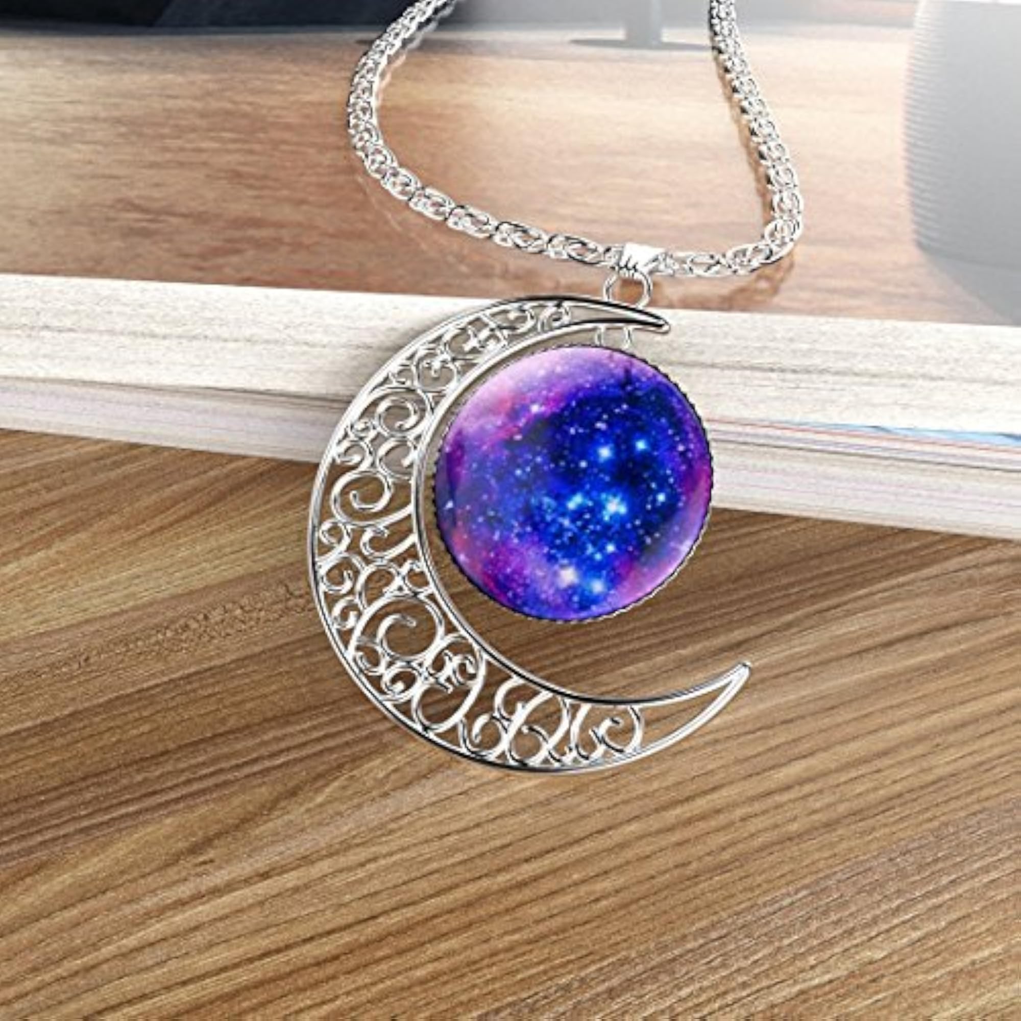 Purple Glass Galaxy & Crescent Moon Pendant with Chain