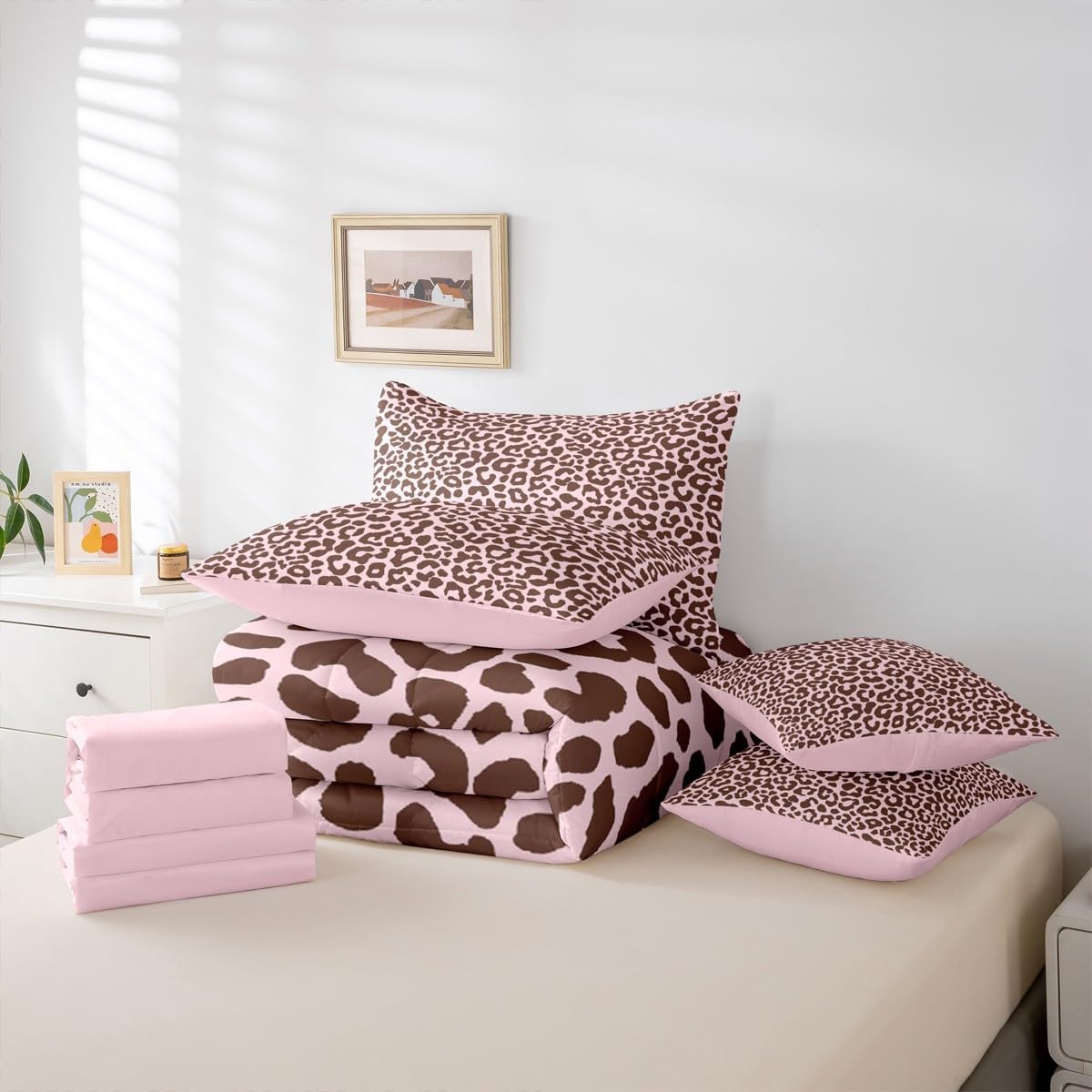 Feelyou Pink Leopard Print 7 Piece Bedding Set Cheetah Comforter Set with Sheets for Kids Boys Girls Animal Print Bed in a Bag Safari Bed Set Soft Lightweight
