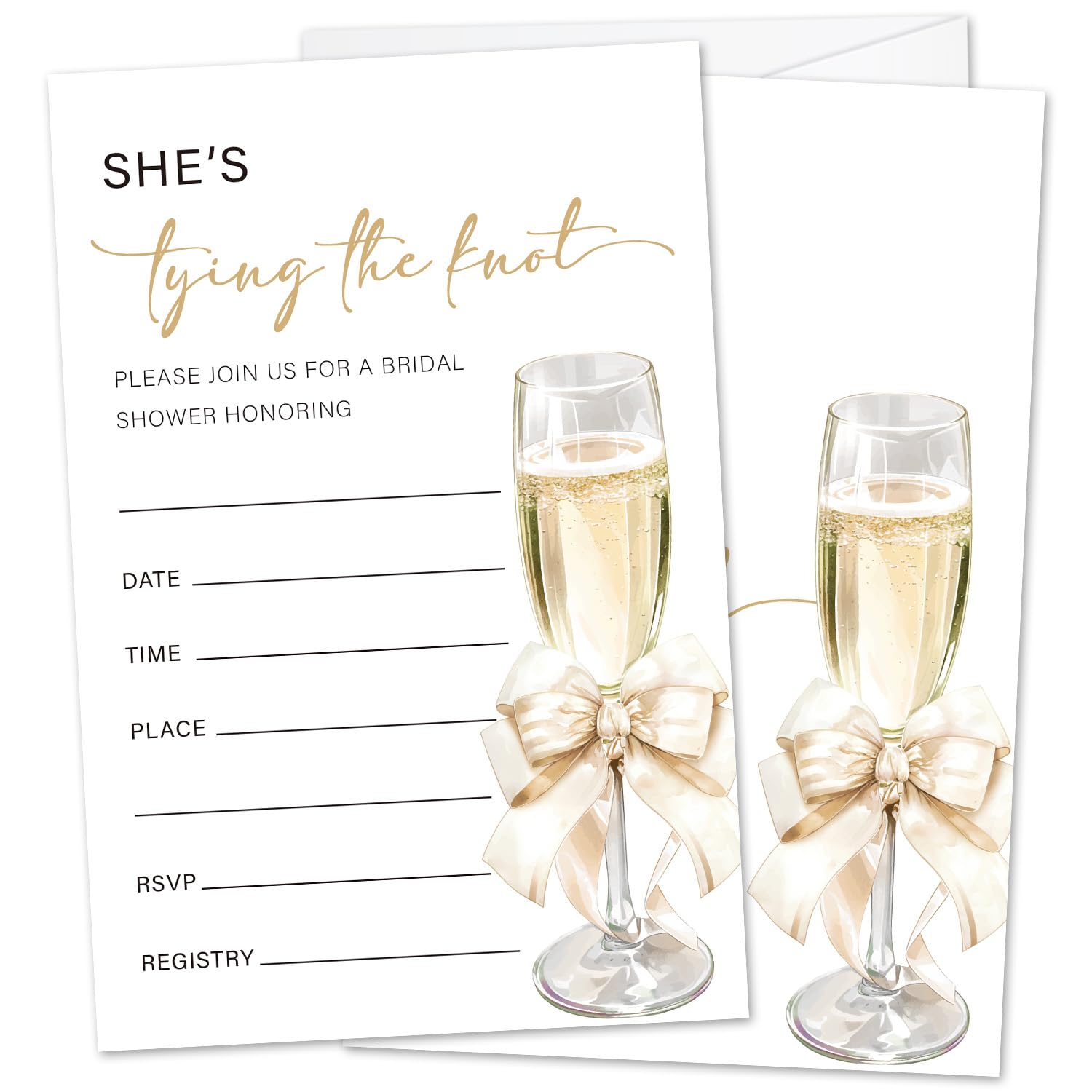 Champagne Bridal Shower Invitations With Envelopes, She's Tying the Knot Bridal Shower Invites, Fill In Style Bachelorette Party Invitations For