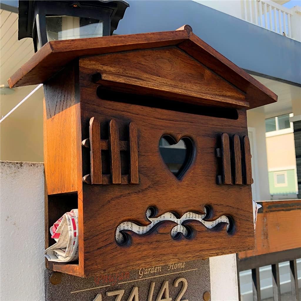 mailbox Wall-Mount Mailboxes Wall-Mounted Locking Villa Wooden Letter Box, Opinion Report Box Rural Outdoor Wall-Mounted Rainproof Retro Box (Color : Brown, Size : 32×12×26cm)