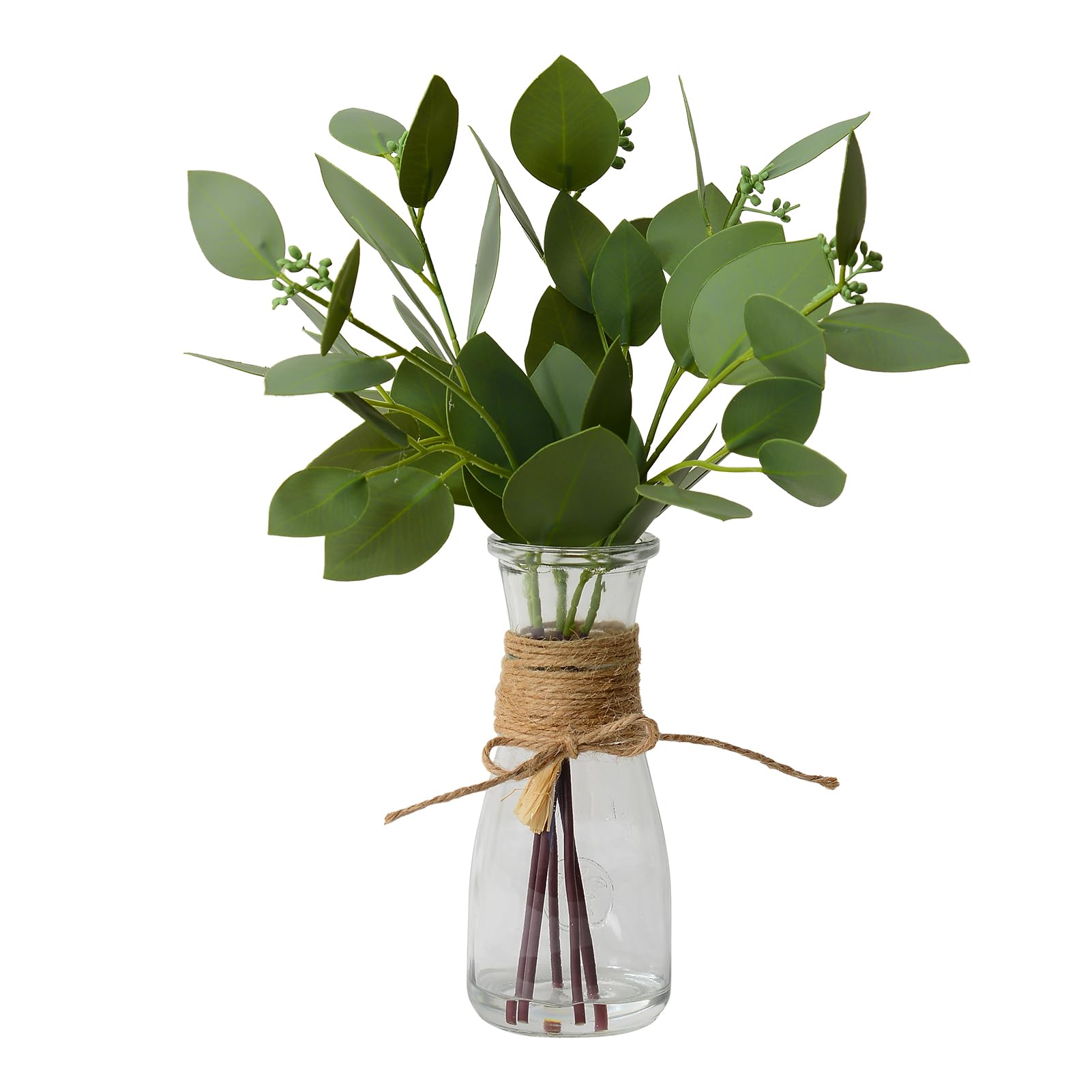 Huaxy Artificial Eucalyptus Stems in Glass Vase with Faux Water for Table Centerpieces, Fake Eucalyptus Stems and Leaves Greenery in Vase for Home