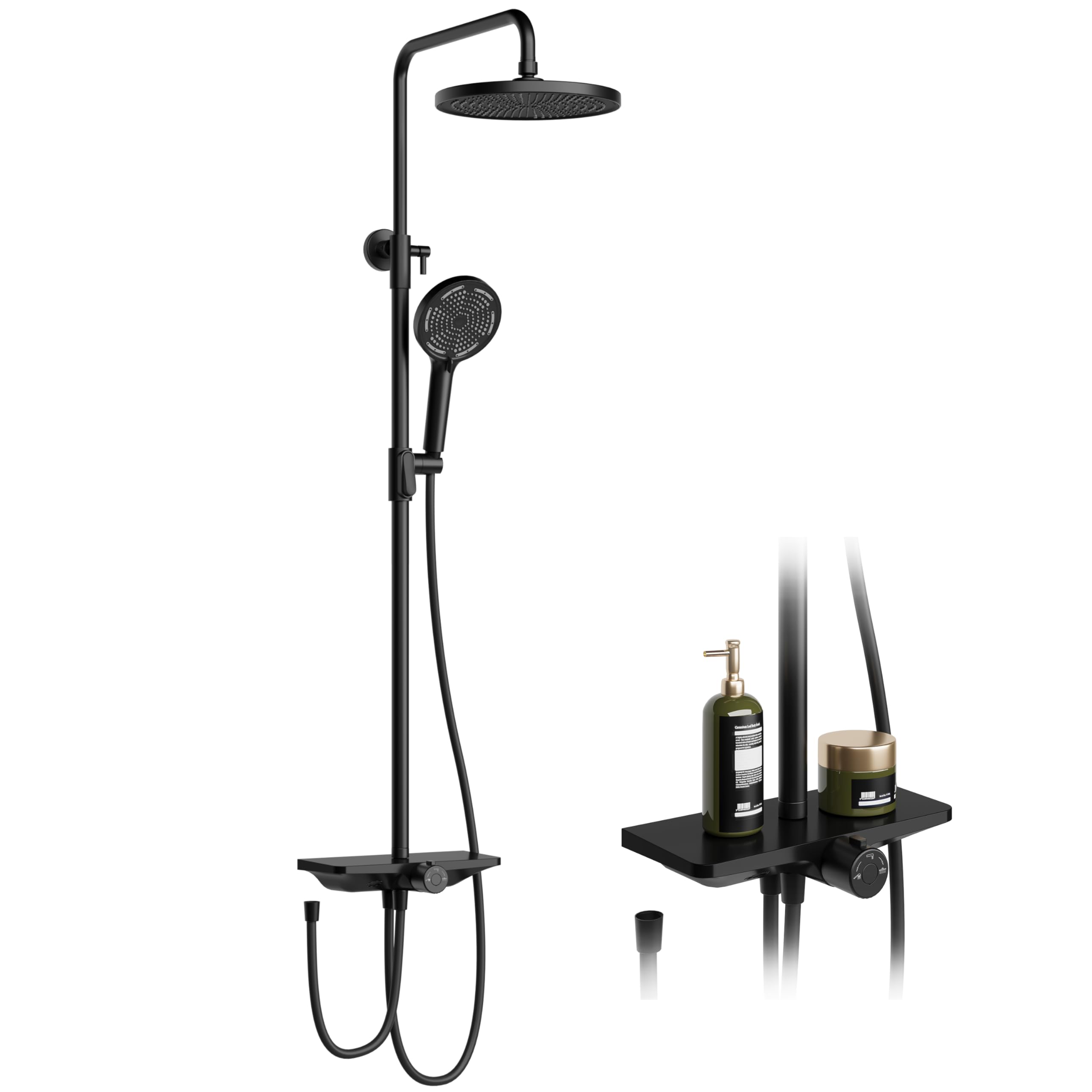 GarveeHome Regendusche-Set, Ohne Armatur, Duschsystem Mit Ablage, Edelstahl, Mit Duschablage, Verstellbarer Duschstange, Rundem Duschkopf 25 cm
