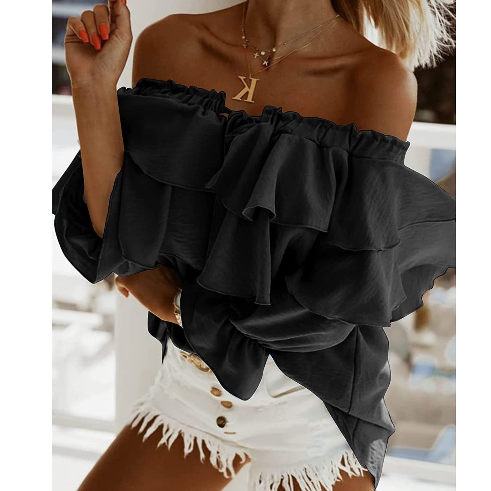 Damen Schulterfrei Oberteile 3/4 Geschichtete Rüschenärmel Rückenfrei T-Shirts Elegant Bluse Tops(m-Schwarz)