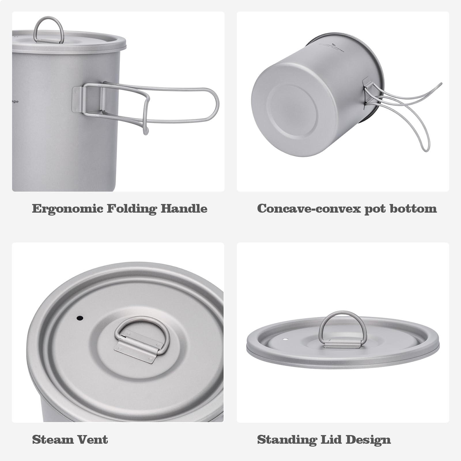 iBasingo Ti2060C Ti2060C - Pentola da campeggio leggera in titanio da 1400 ml (1,4 l), con manico pieghevole e coperchio, resistente, antiruggine, per escursioni, escursioni e avventure all'aria