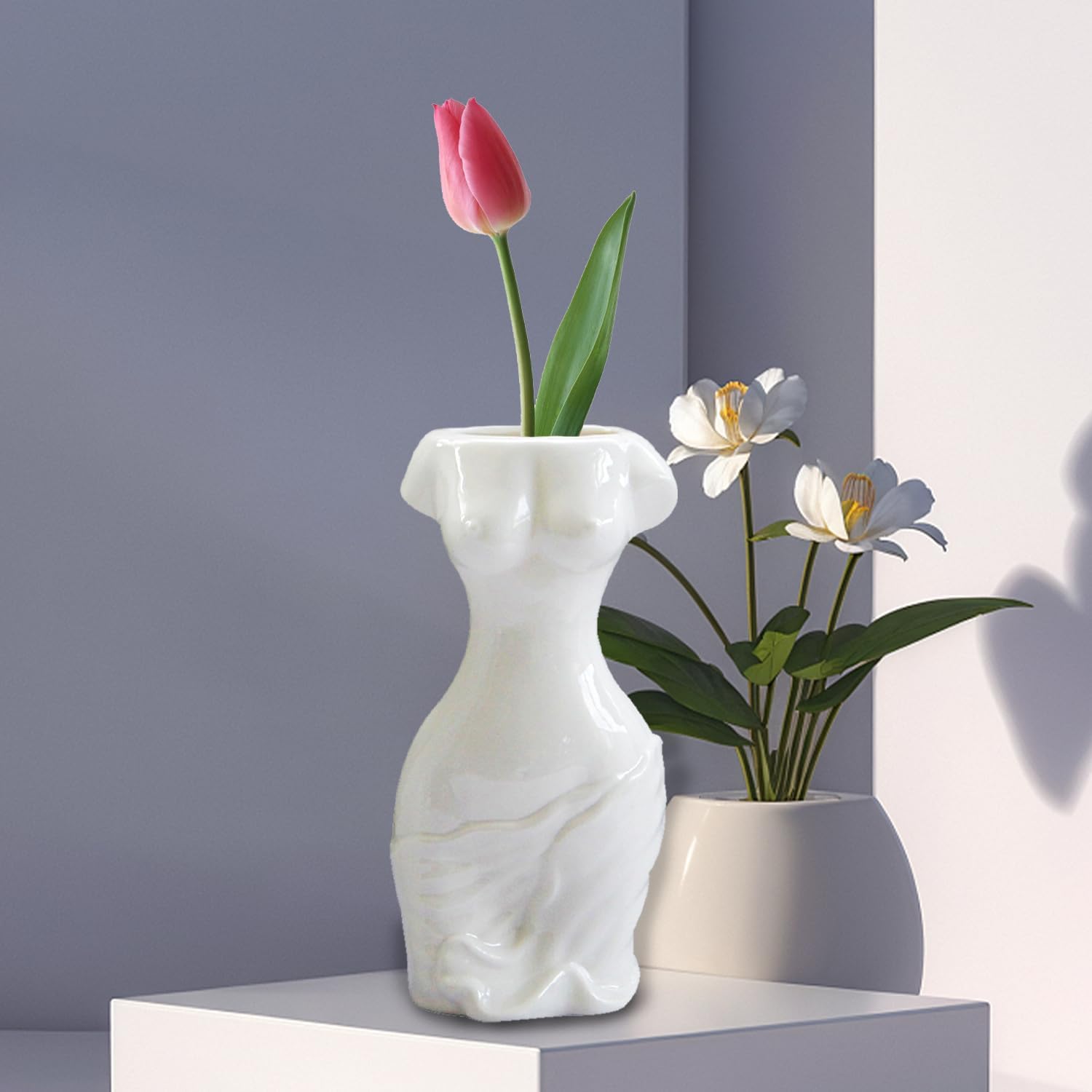 Body Vase, Female Form Shaped Ceramic Flower Vase, Cute Bud Floral Vases Modern Chic Art Decor for Boho Home Shelf, Feminist Decoration Office White 9.82" Inch