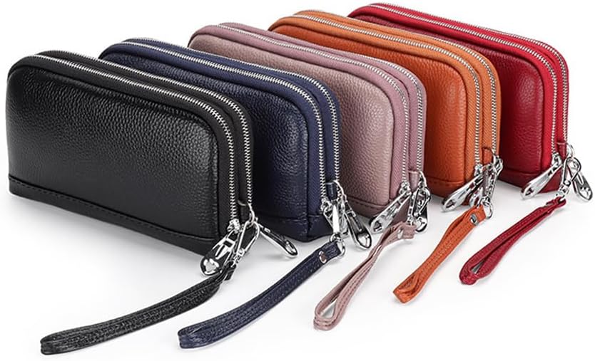 Women Clutch Purse Genuine Leather Double Zipper Money Purses Card Holder Phone Clutches with Wrist Strap (Black)